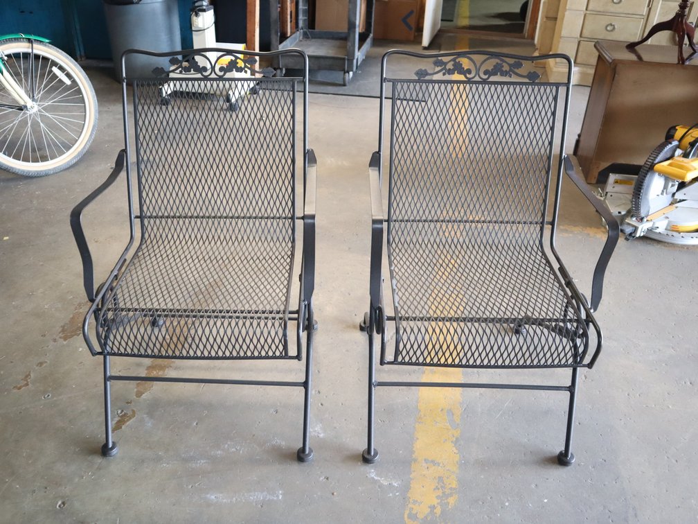 Pair of Wrought-Iron Mesh Spring Patio Chairs w/ Grapevine Crest
