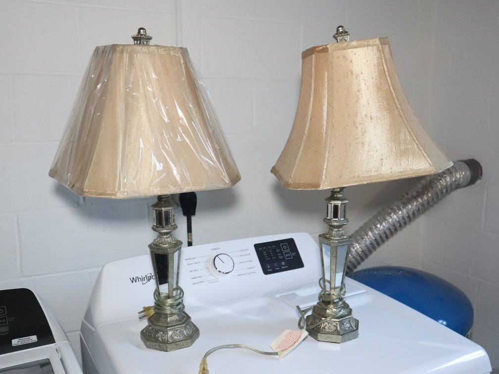 Pewter Mirrored Lantern-Style Table Lamps w/ Cream Bell Shades