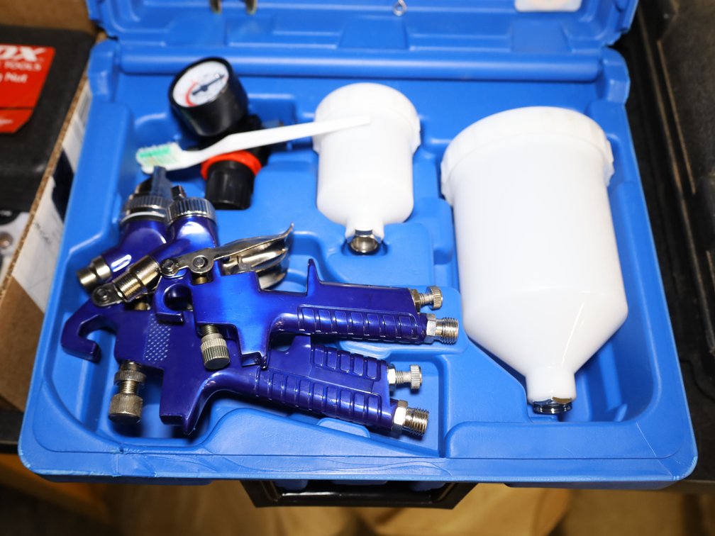 (2) HVLP Spray Guns w/ Gauge, Cups, Wrenches, Cleaning Brush, & Case