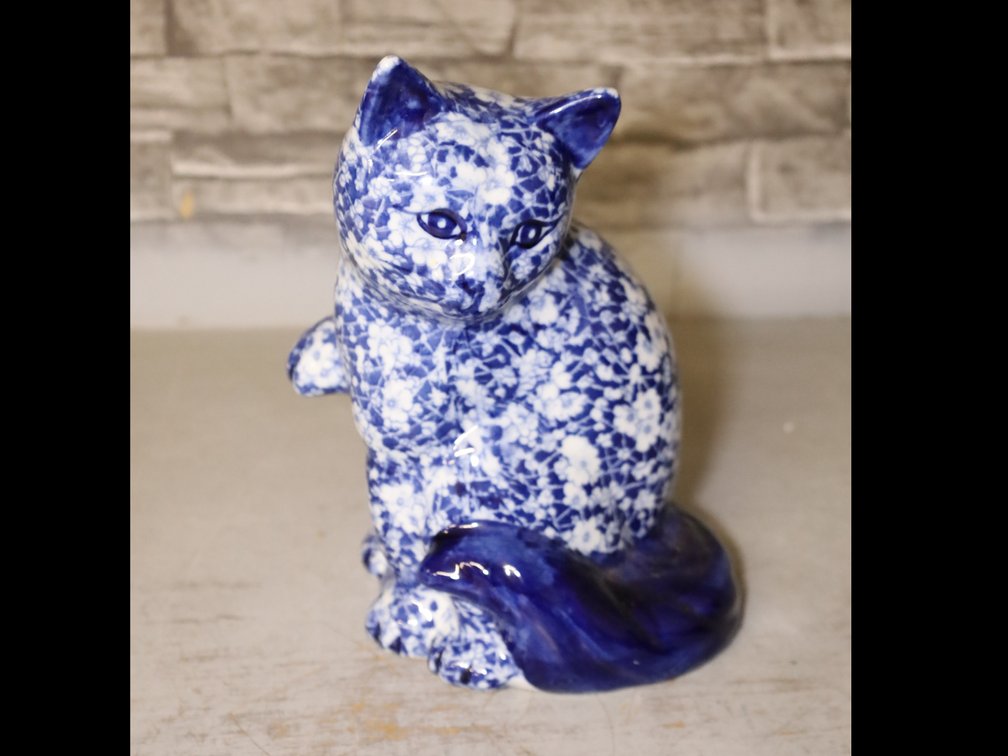 Blue & White Floral Chintz Porcelain Cat Figurine