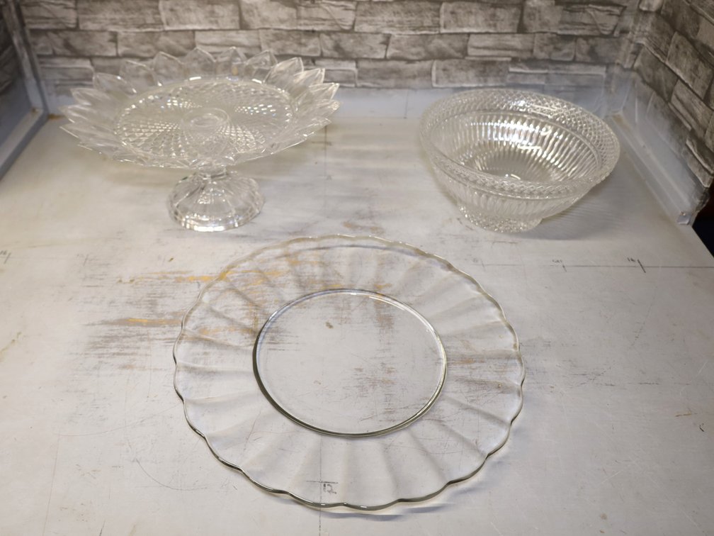 Pressed-Glass Lotus Pedestal Cake Stand, Diamond-Cut Bowl, & Scalloped Plate