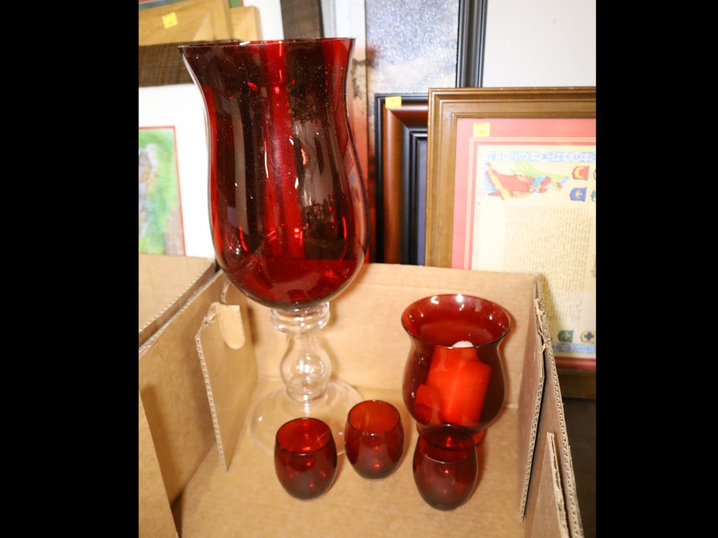 Red Glass Hurricane & Votives, Faux Fruit Basket, Decorative Faux Florals & More!