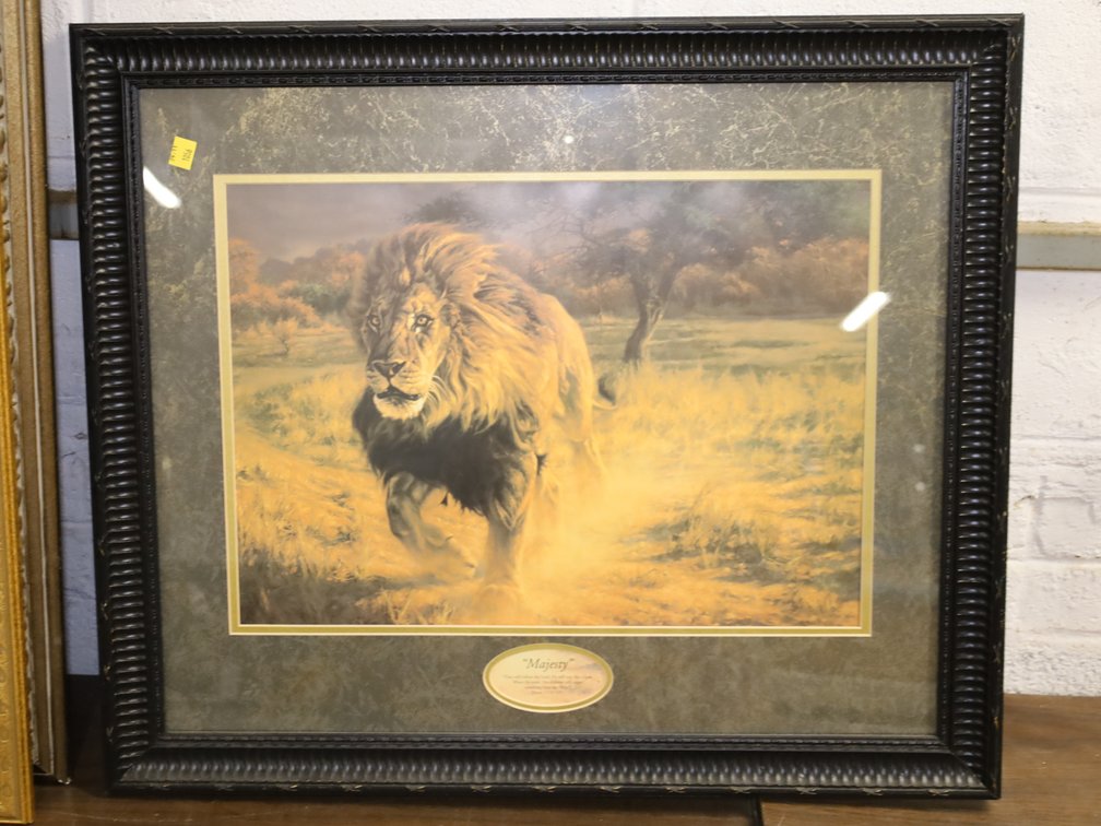 Framed "Majesty" Lion Print, Christ Carrying Child Print, & Noah's Ark Print