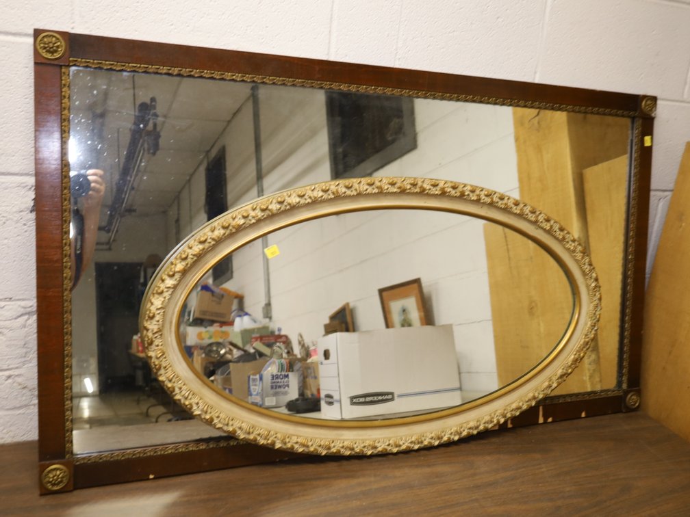 Wooden Wall Mirror w/ Corner Accents & Oval Mirror in Gilt Frame
