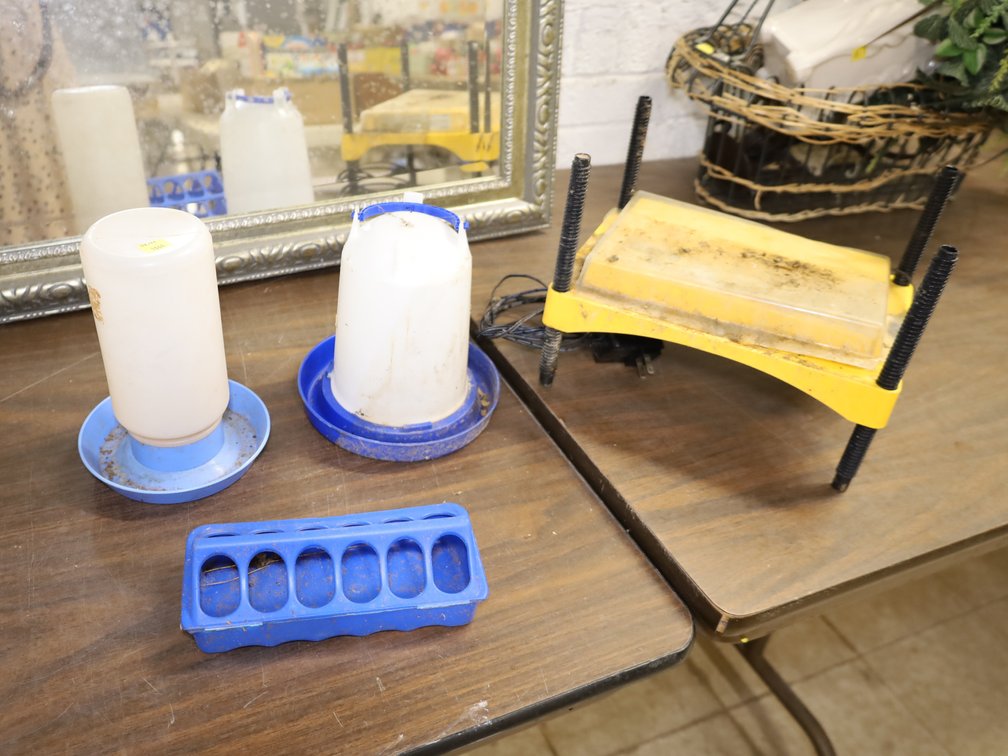 (2) Plastic Poultry Waterers, Chick Feed Trough, Chick Incubator