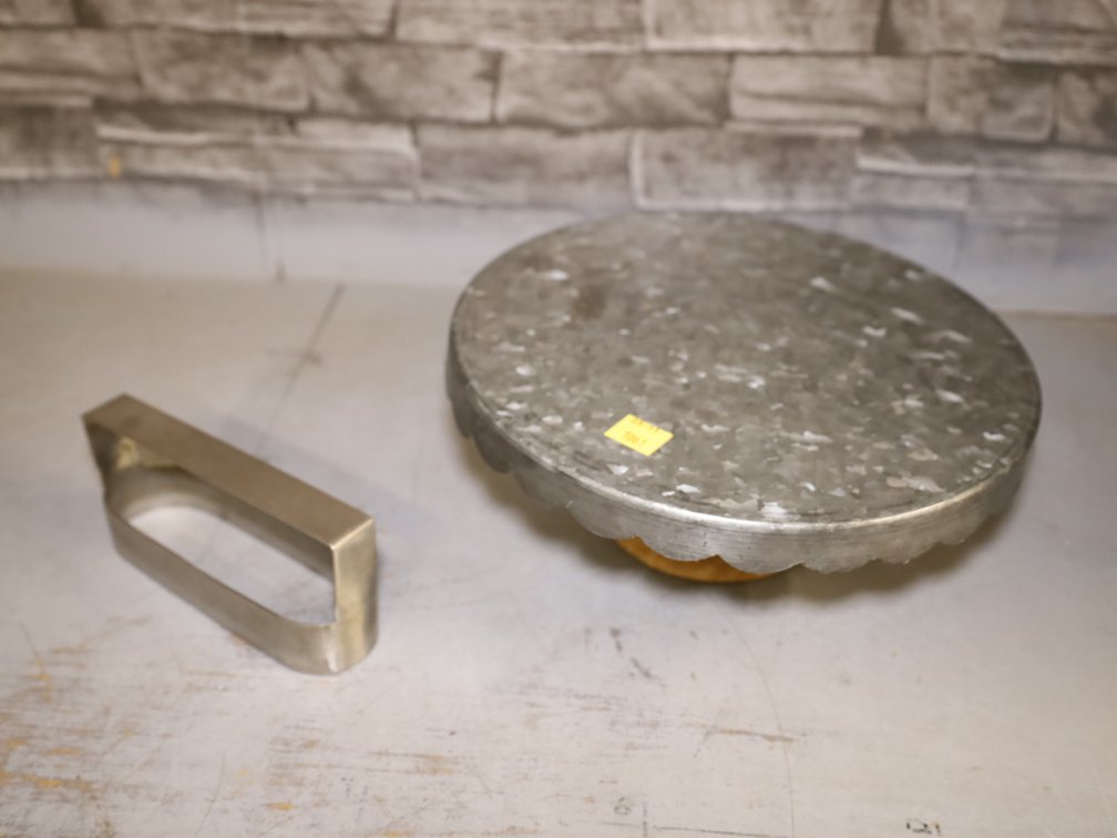 Galvanized Cake Stand, Tin of Seashells, & National Emerald Series Record Books