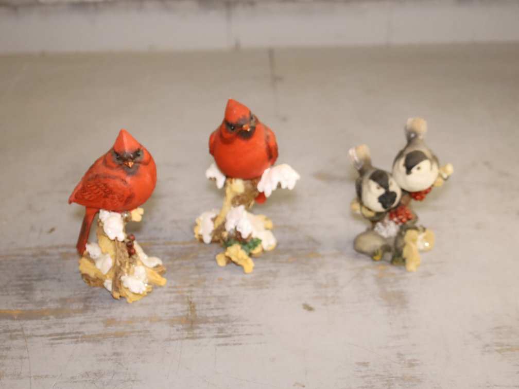 Bird Figurines, Wicker Craft Basket w/ Ribbon & Cards,