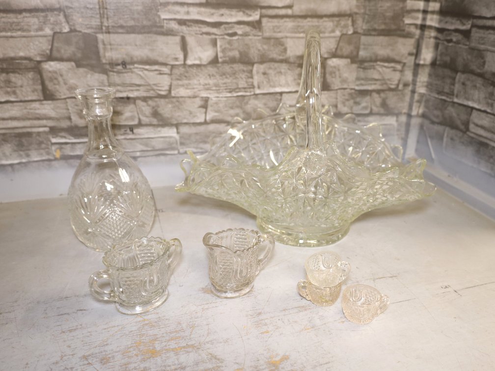 Pressed Glass Handled Basket, Decanter, Creamers, Ribbed Bowls...