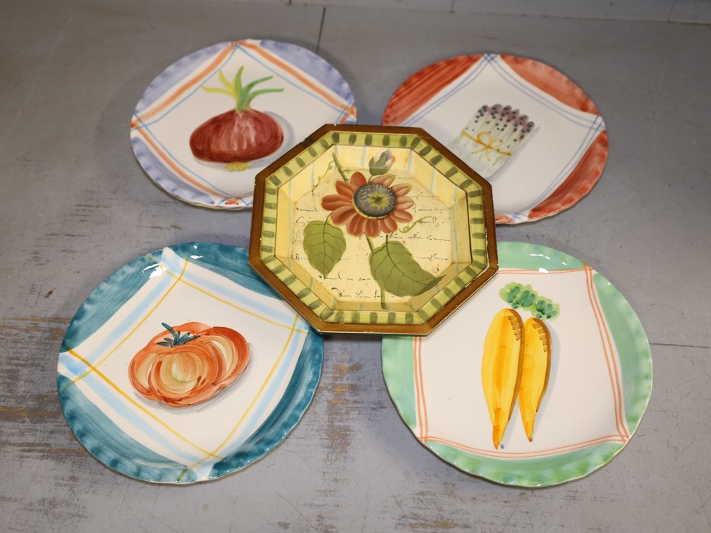Hand-Painted Vegetable Motif Plates, Octagonal Floral Dish