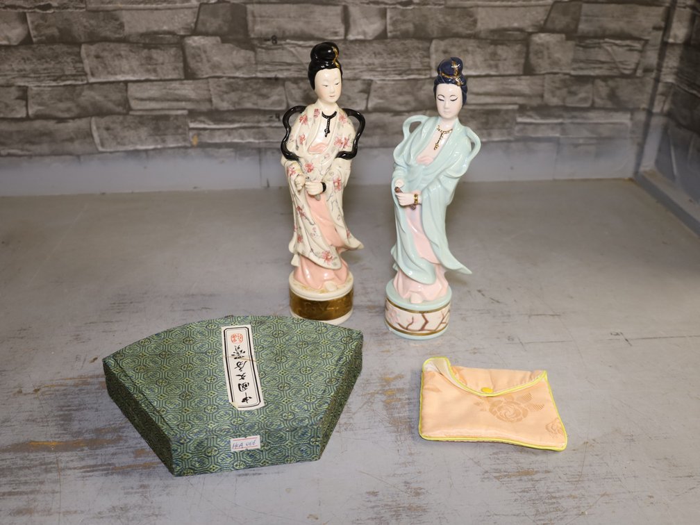 (2) Porcelain Guanyin Figurines w/ Chinese Calligraphy Writing Set