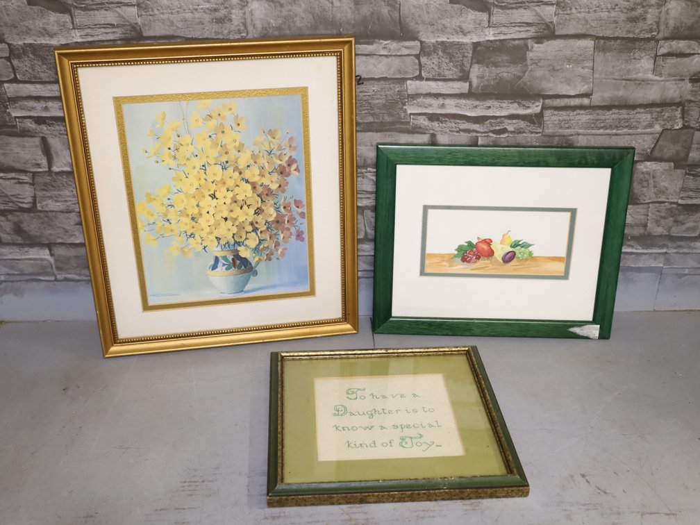 Framed Floral & Fruit Watercolor Prints w/ "Daughter" Cross-Stitch
