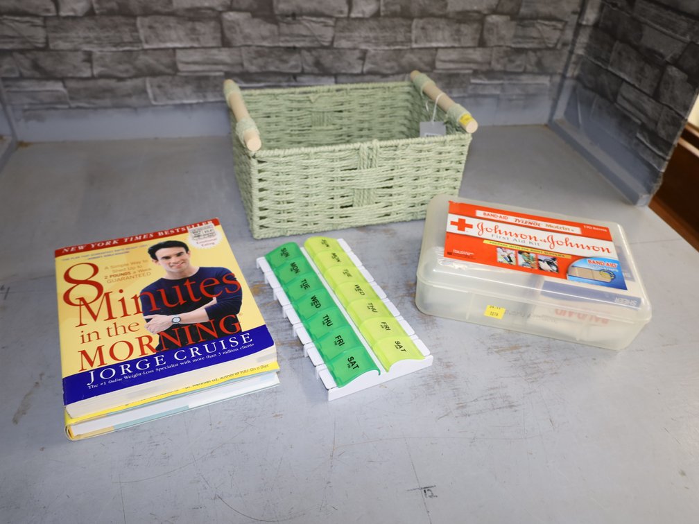 Woven Storage Basket w/ Wood Handles, Johnson & Johnson First Aid Kit...