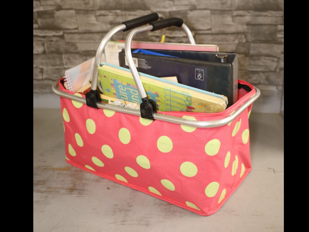 Pink & Green Polka Dot Collapsible Basket w/ Contents