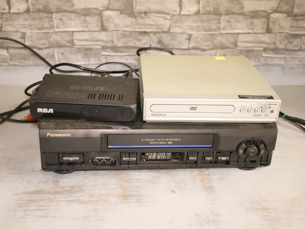 Panasonic Omnivision VHS VCR, Magnavox DVD Player, RCA Converter Box...