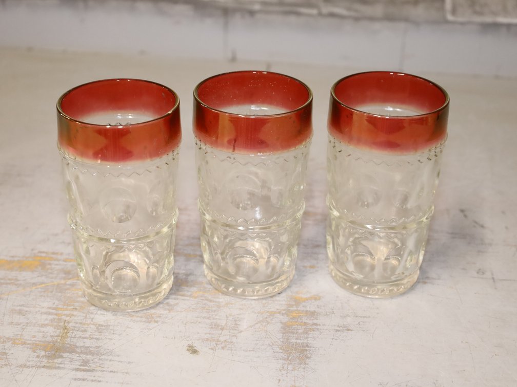 (12) Vintage Amber Flash Kimberly Pattern Drinking Glasses W/ Red Rim