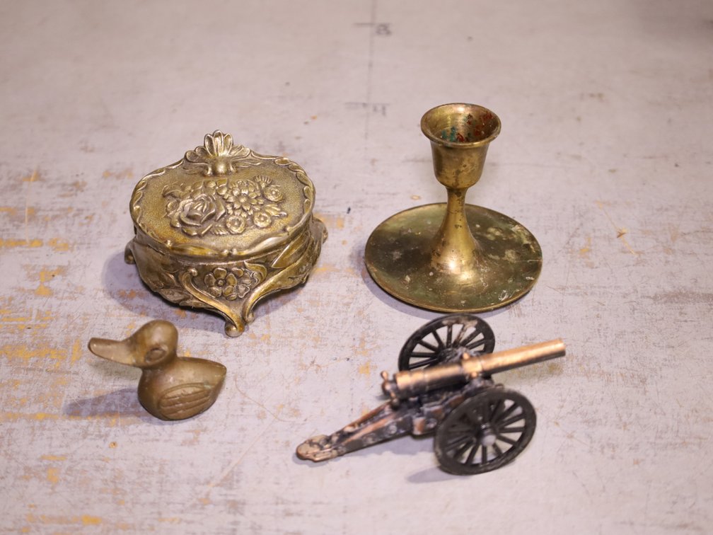 Brass Trinket Box & Trinkets, Vintage Tins, Milk Bottles, Mugs, Decanter, & More!