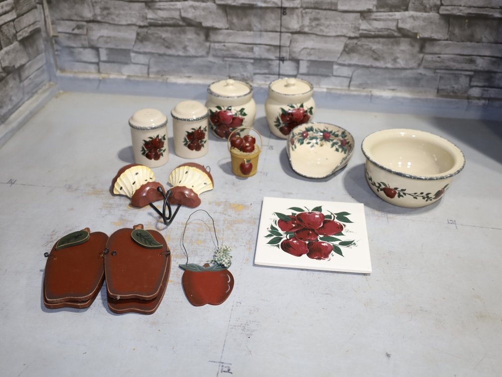 Apple -Themed Ceramic Canister Set w/  Salt & Pepper Shakers, Apple Pie Recipe Tile Trivet, ...