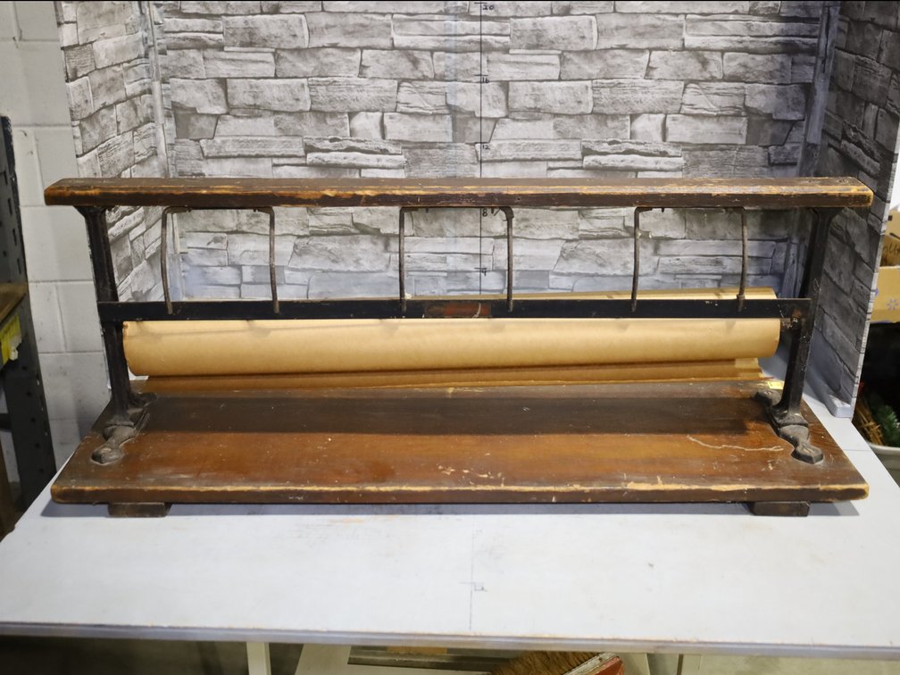 Cast Iron & Wood Counter Dispenser w/ Paper Roll & Serrated Cutting Bar