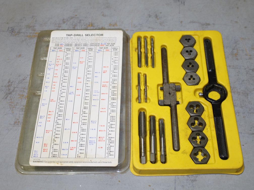 Tap & Die Set w/ Taps, Dies, Handles, & Tap-Drill Selector Reference Card.