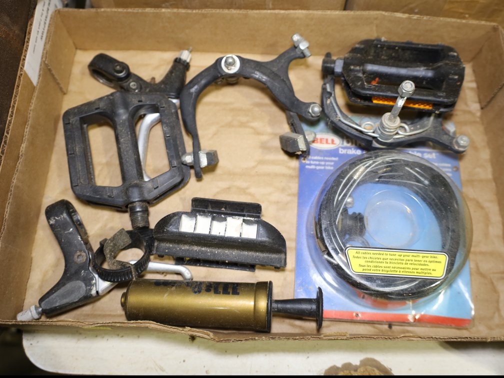 Bicycle Pedals, Brake Calipers, Reflectors, Wilson Ball Pump, Bell Bikefix Brake & Gear Cable Set.