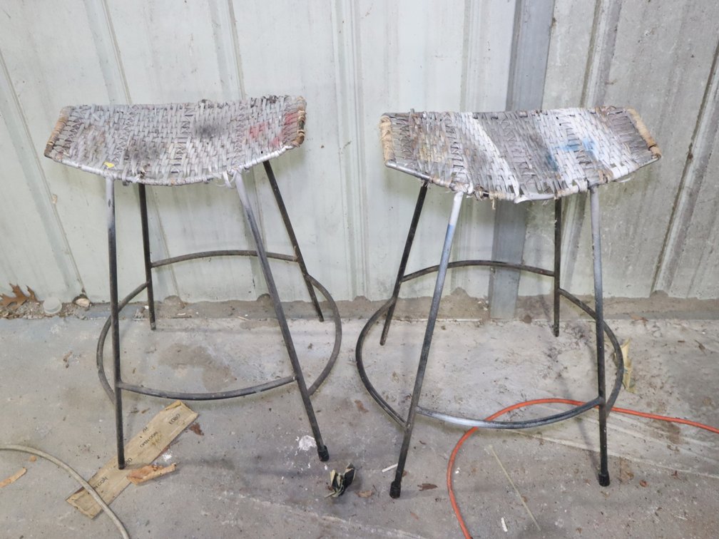 (2) Metal Frame Woven Seat Bar Stools & Folding Camp Chair