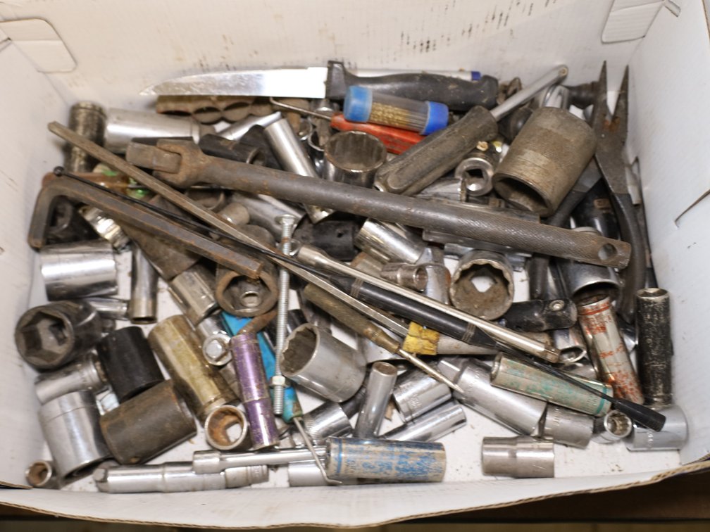 Box of Sockets, Breaker Bars, Screwdrivers, Drywall Saw...