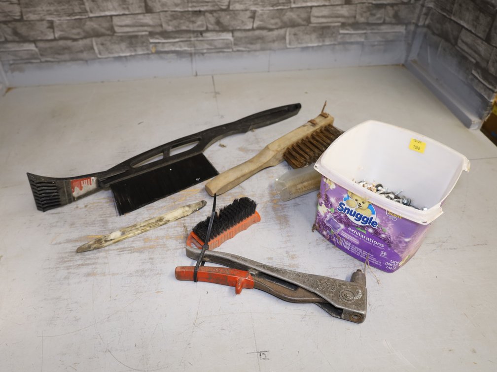 Marson Hand Riveter, Bucket of Self-Drilling Screws, Wire Brush...