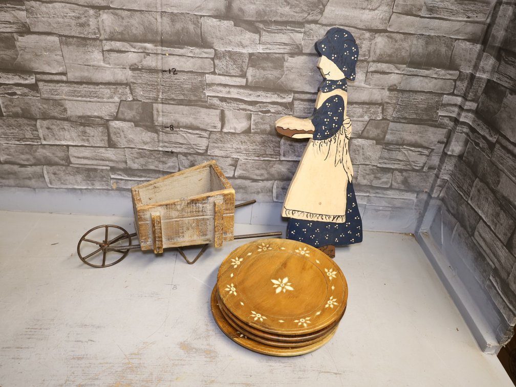 Rustic Miniature Wooden Wheelbarrow, Wooden Shell Plates, Material Scrapes & More