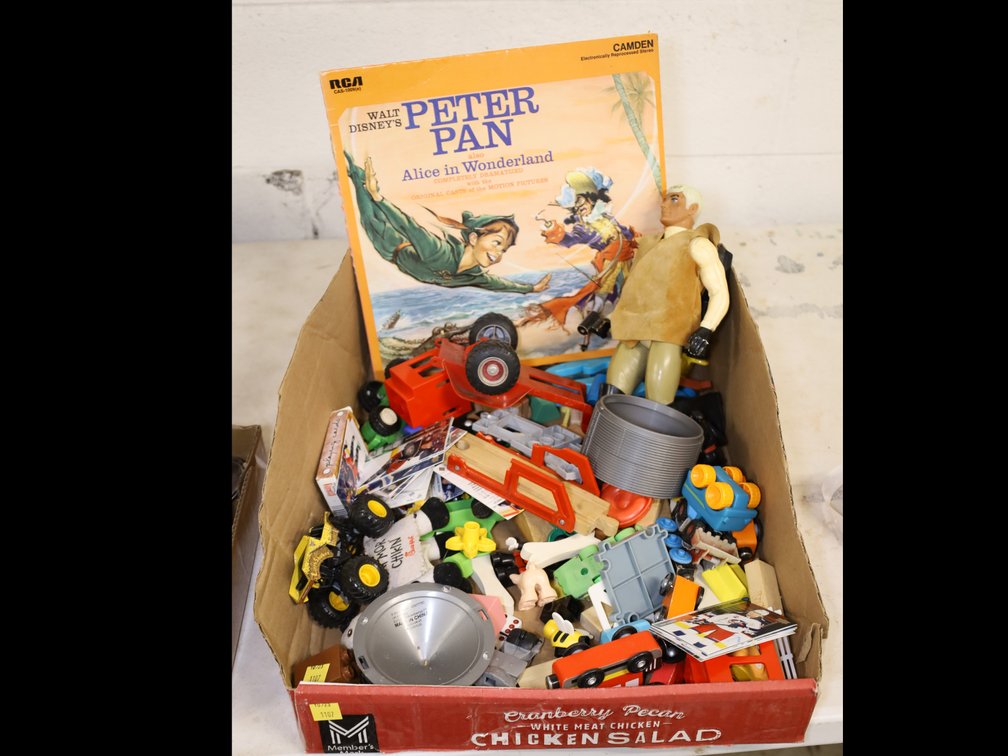 Box of Toys w/ Walt Disney's Peter Pan Record, Action Figure, Toy Trucks, Slinky...