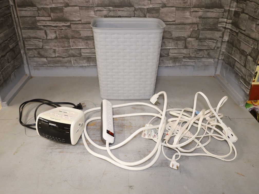 Sony Clock Radio, Power Strip, Waste Basket and More...