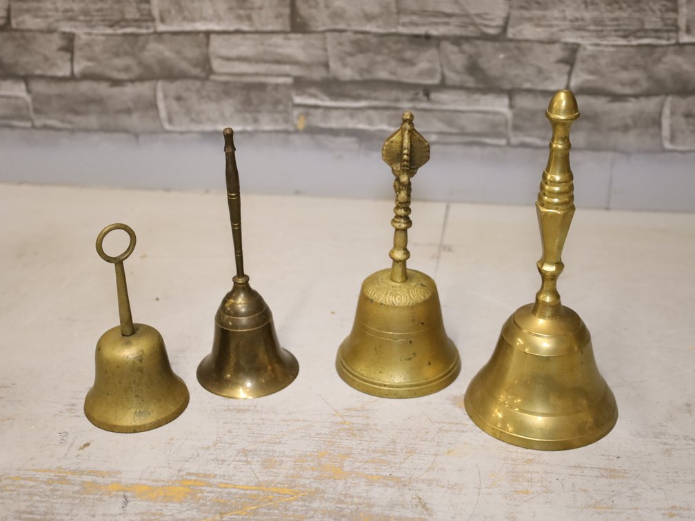 Brass Hand Bells:  Wood & Ornate Cast Handles and Silver Souvenir Bell