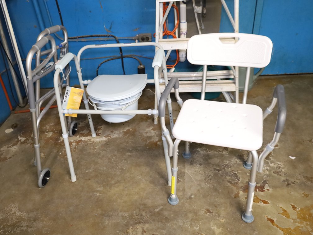 Guardian 2-Button Folding Walker, Bedside Commode & Bath Shower Chair