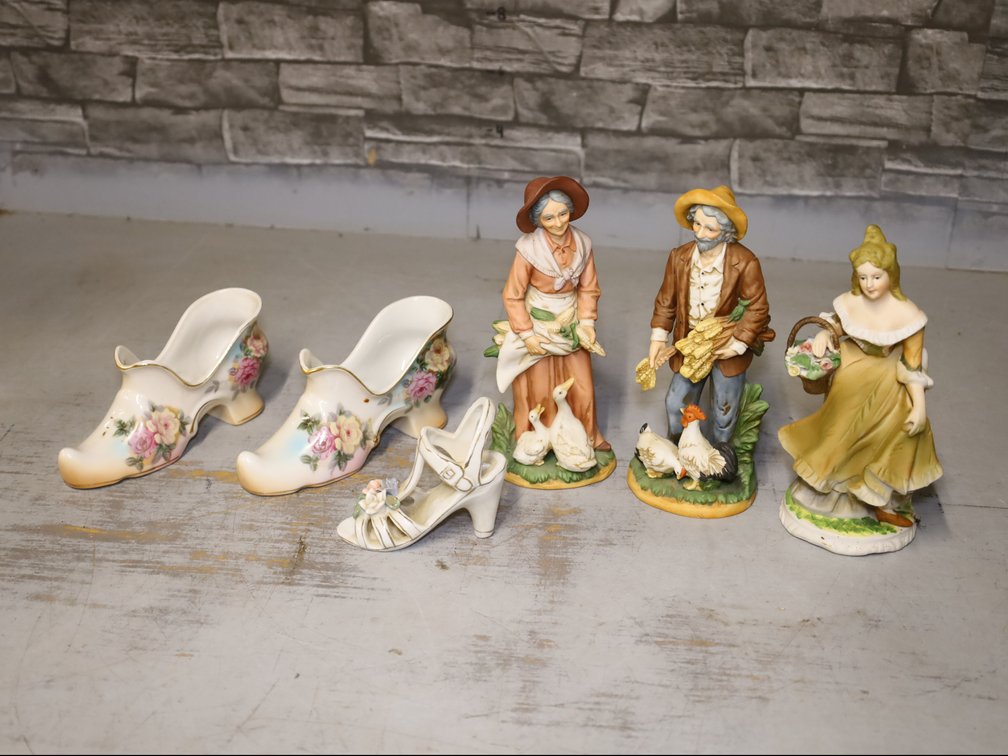 Bisque Farm Couple Figurines w/ Geese & Chickens