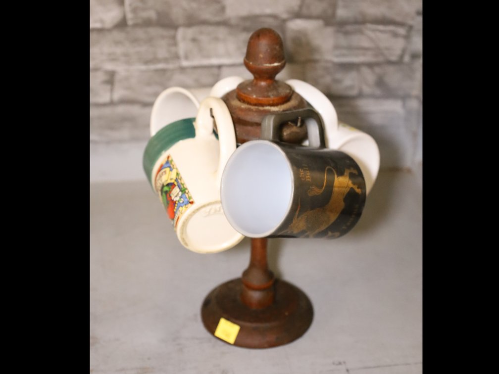 Wood Mug Tree w/ Mugs, (2) Matching Girl & Bluebird Mugs