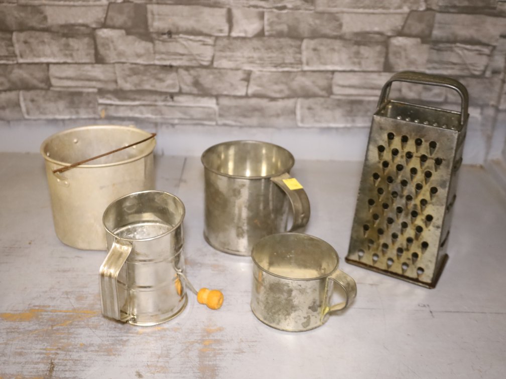 Flour Sifter w/ Wood Knob, Box Grater, Tin Mugs