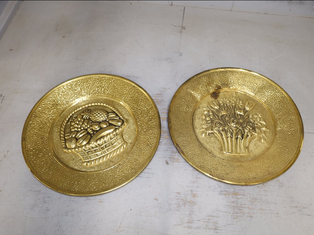 (2) 12" Embossed Brass Wall Plates, Microwave Plate, Round Placemats