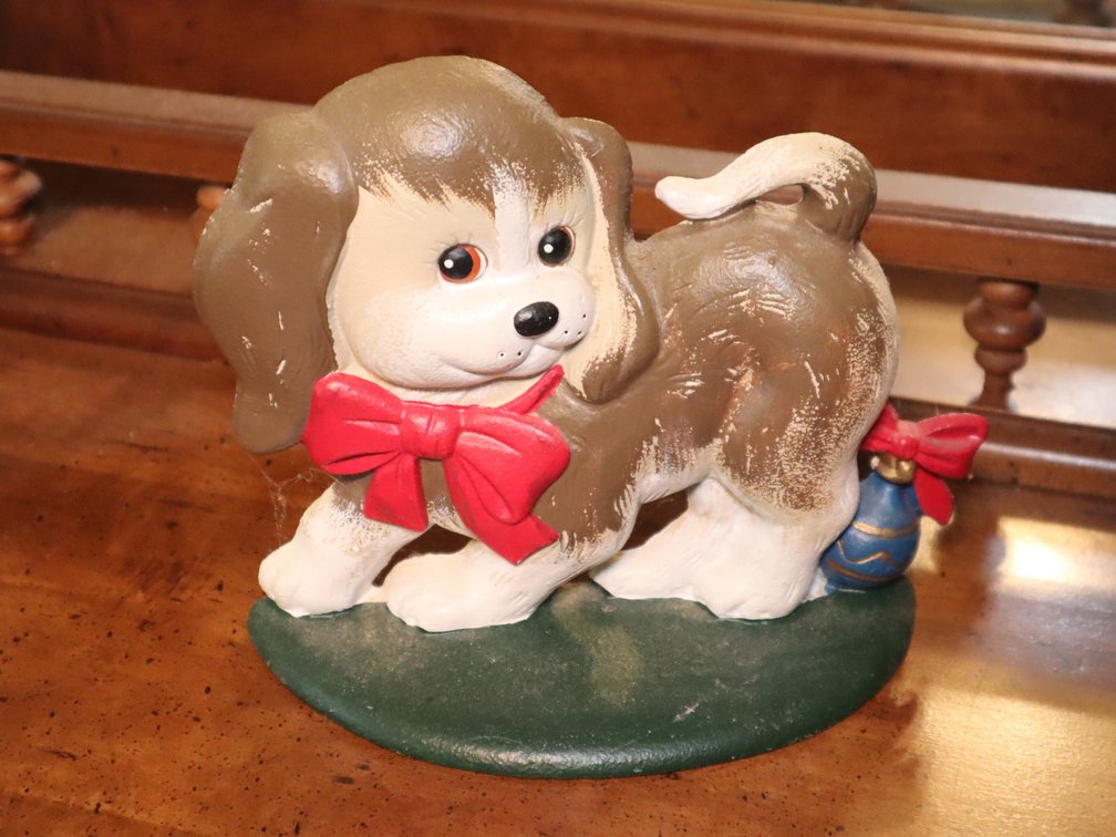 Puppy Doorstop w/ Red Bow & Christmas Ornament