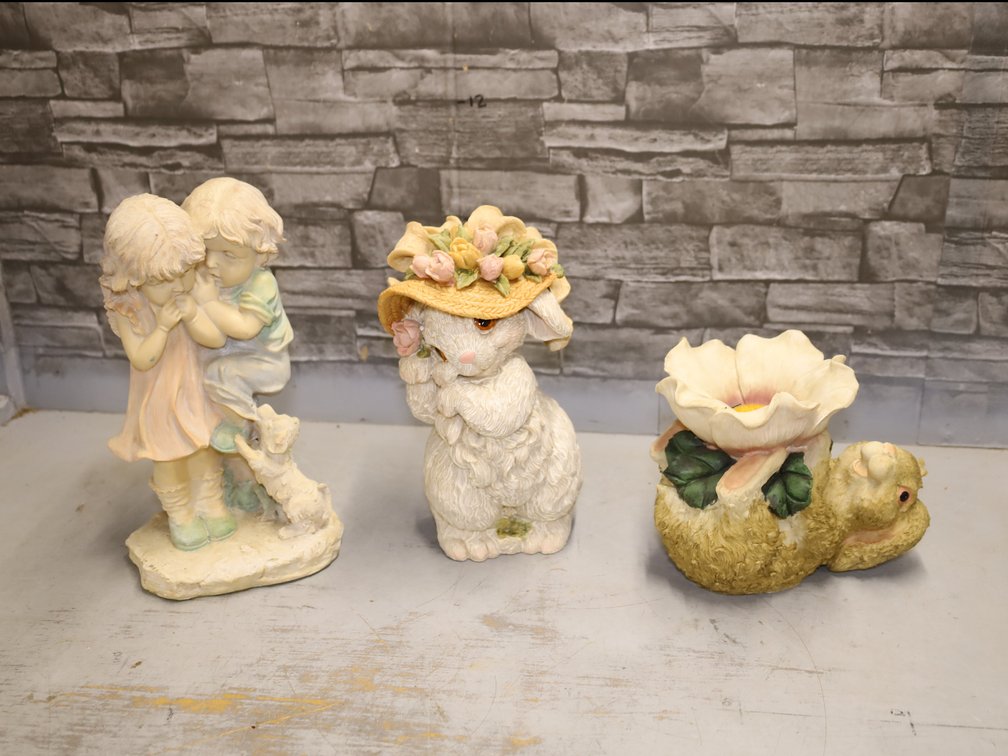 Children & Puppy Statue w/ Bunny & Bunny Flower Figure