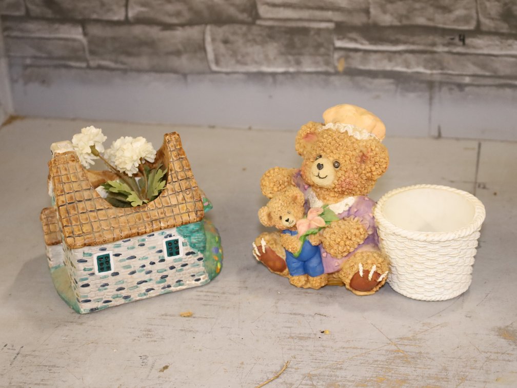 Cottage Planter, Bear Planter w/ Basket, Dried Floral Arrangement in Cut Glass Vase
