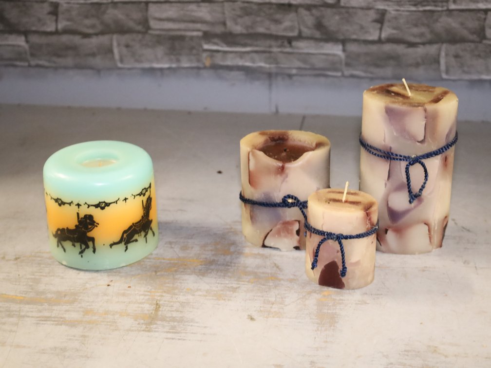 (3) Marbled Pillar Candles w/ Cord Ties & Carousel Horse Candle