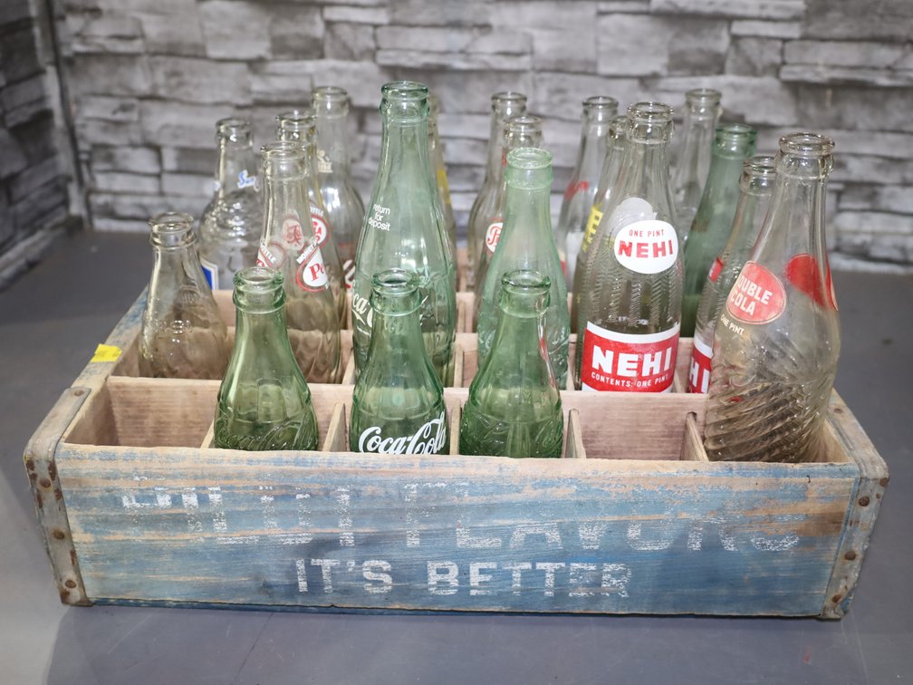 Pilot Flavors wooden bottle crate with 21 vintage soda bottles