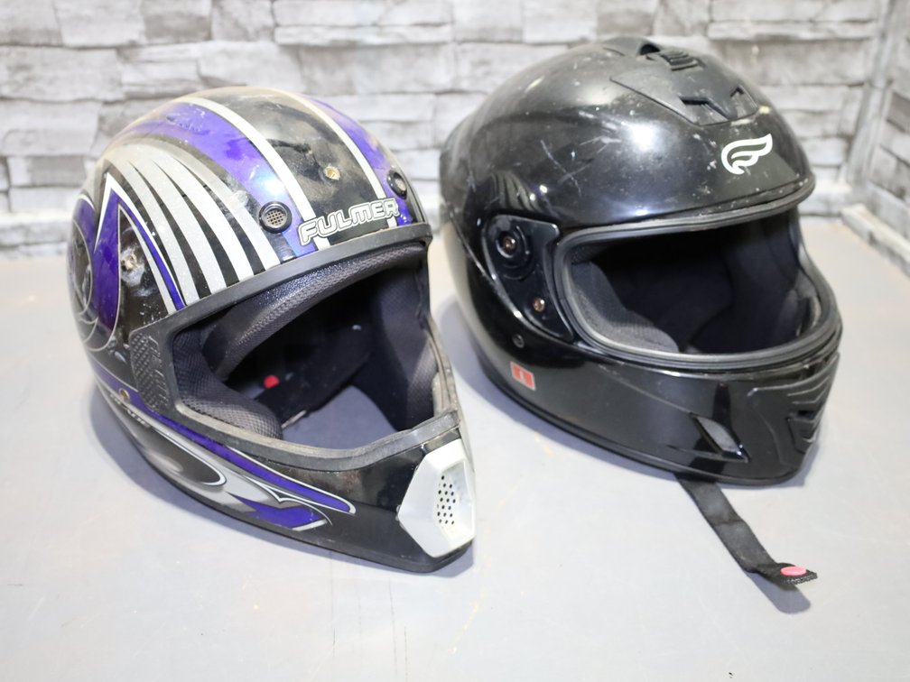 2 four-wheeler/ATV helmets and paint gun