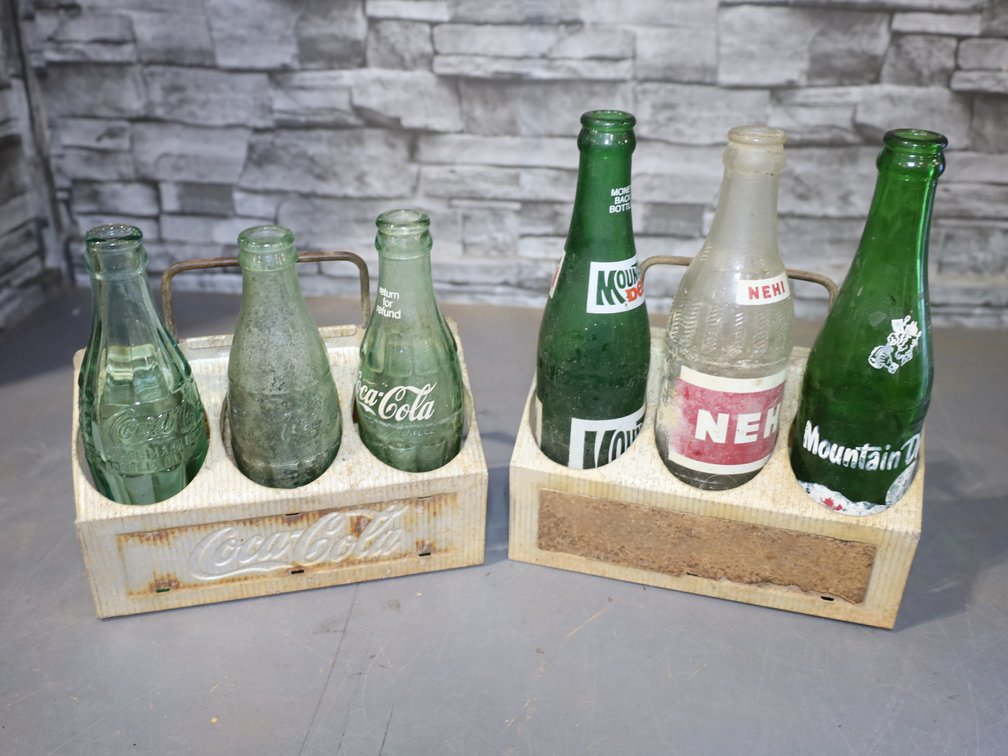 2 vintage aluminum Coca Cola carry cases  and 6 bottles