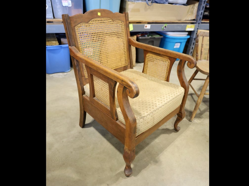 Accent chair with cane back and upholstered seat; 2 wooden kitchen chairs