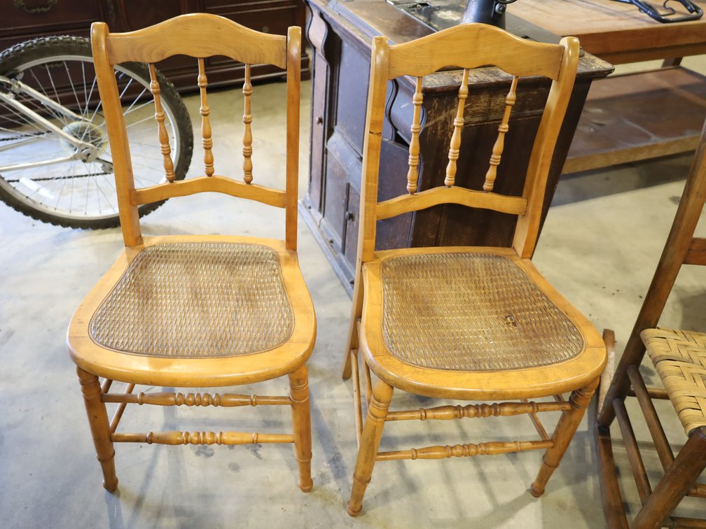 Oak rocker with woven seat and 2 accent chairs with woven seats