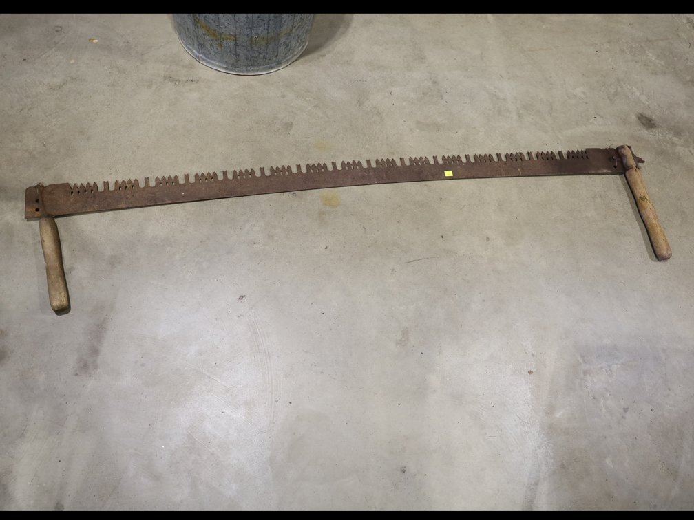 Galvanized trash can and vintage crosscut saw