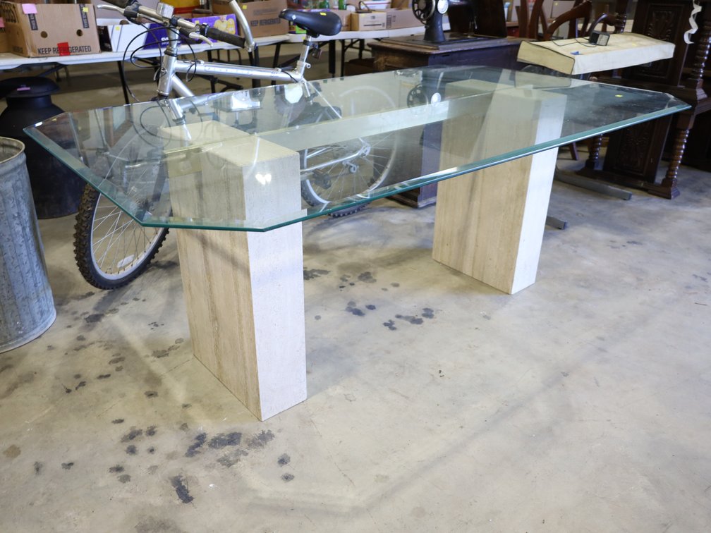 Large rectangular glass table with 2 stone base pedestals