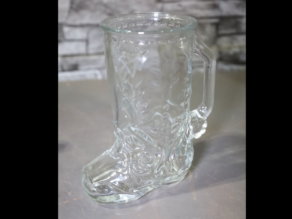 Lidded hot drink mug, 2 dotted swiss mugs, Coke glass, clear glass boot mug, frosted goblets