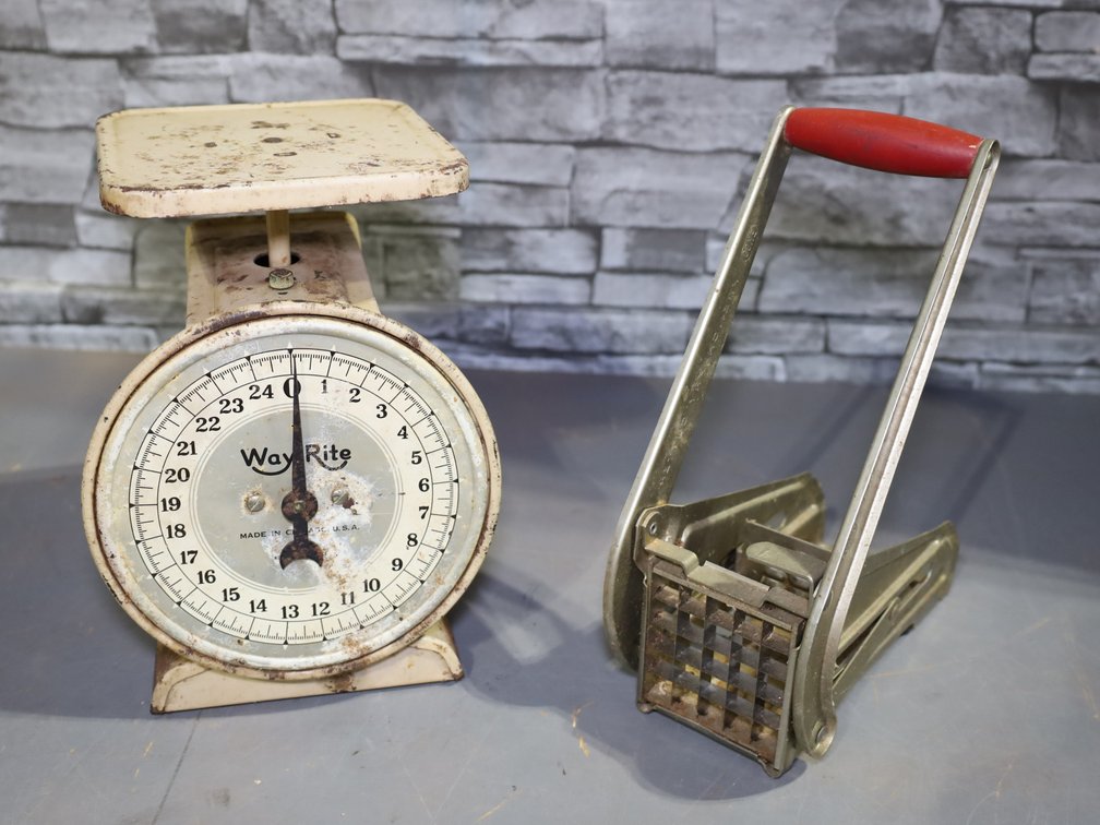 Vintage french fry cutter and WayRite kitchen scale