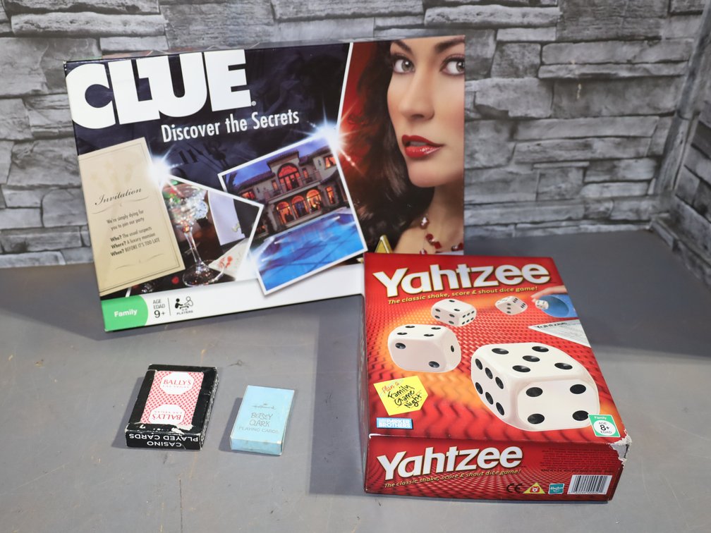 Games - Yahtzee, Clue and 2 sets of playing cards